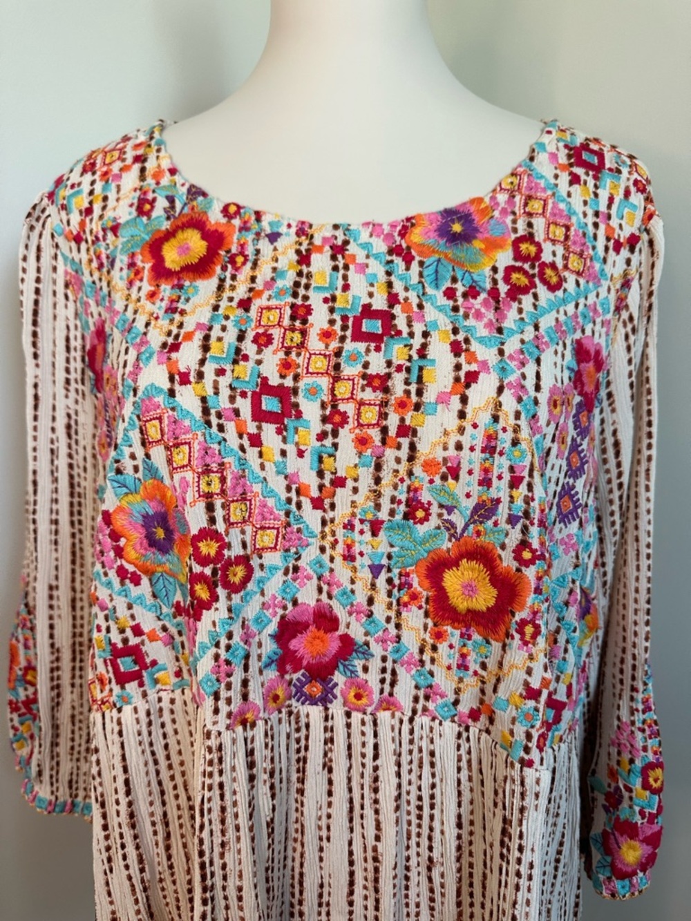 Savanna Jane Cream Blouse with Pink, Turquoise & Orange Floral Embroidery - Picture 3 of 6